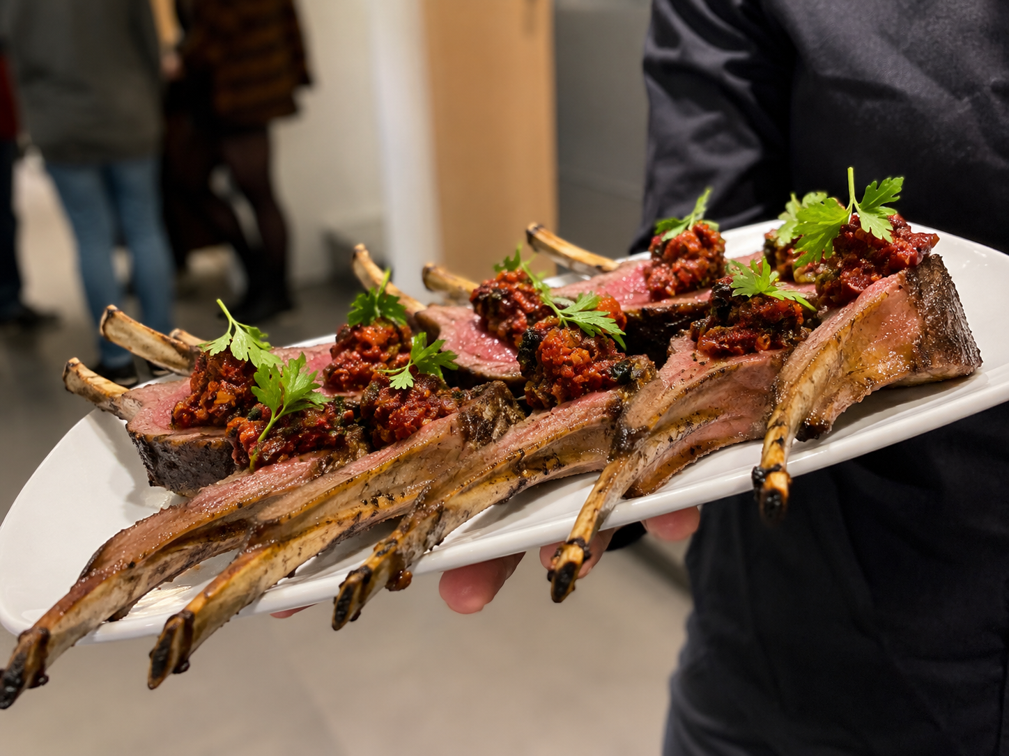 Rack of lamb with herb crust and roasted pepper relish
