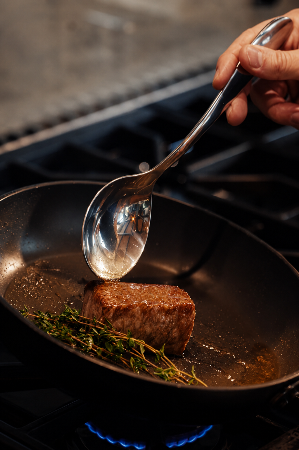 Chef Michaël searing a steak in a pan with fresh thyme