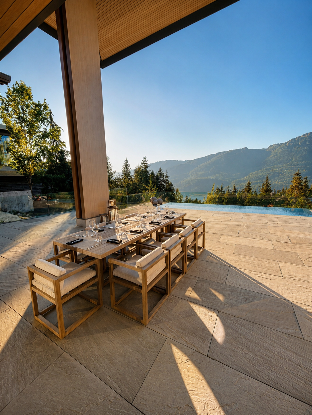 Outdoor private dining table set beside an infinity pool with mountain views in Whistler