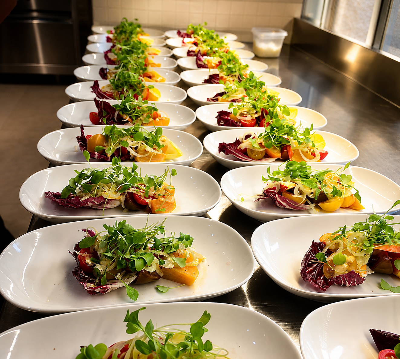 Individually plated dishes lined up in the kitchen, ready for service